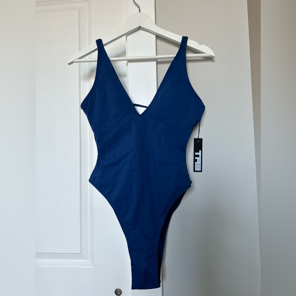 TA3 Navy Hi Cut Plungey One Piece Swimsuit size S reg/long